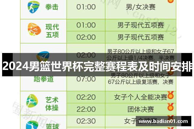 2024男篮世界杯完整赛程表及时间安排