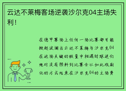 云达不莱梅客场逆袭沙尔克04主场失利！