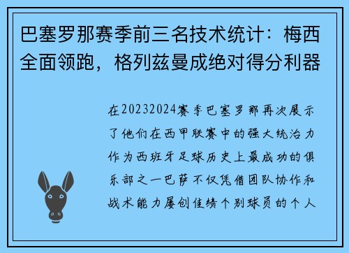 巴塞罗那赛季前三名技术统计：梅西全面领跑，格列兹曼成绝对得分利器
