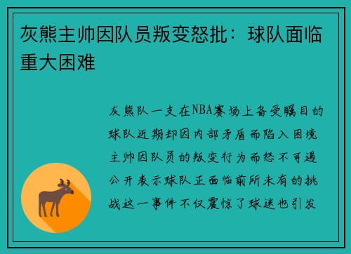 灰熊主帅因队员叛变怒批：球队面临重大困难